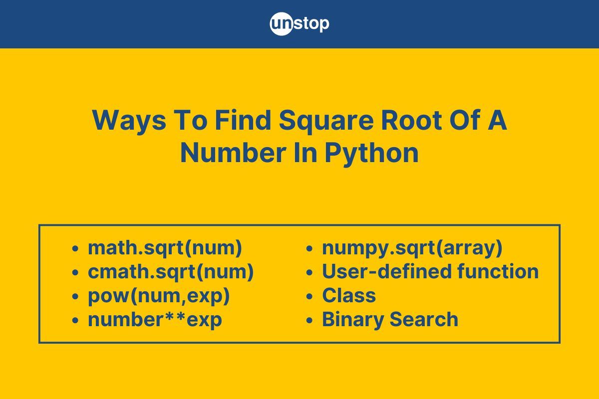 Python Program To Find The Square Root (8 Methods With Codes) // Unstop
