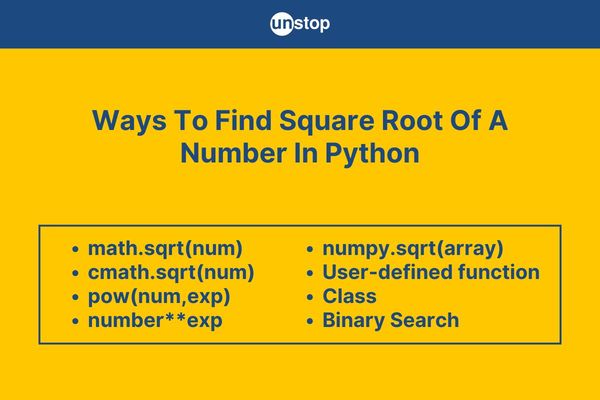 Python Program To Find The Square Root (8 Methods With Codes) // Unstop