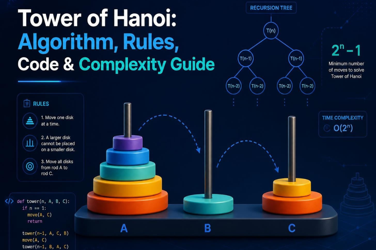 Tower of Hanoi: Recursive Algorithm, Rules, Steps, Code & Complexity Explained