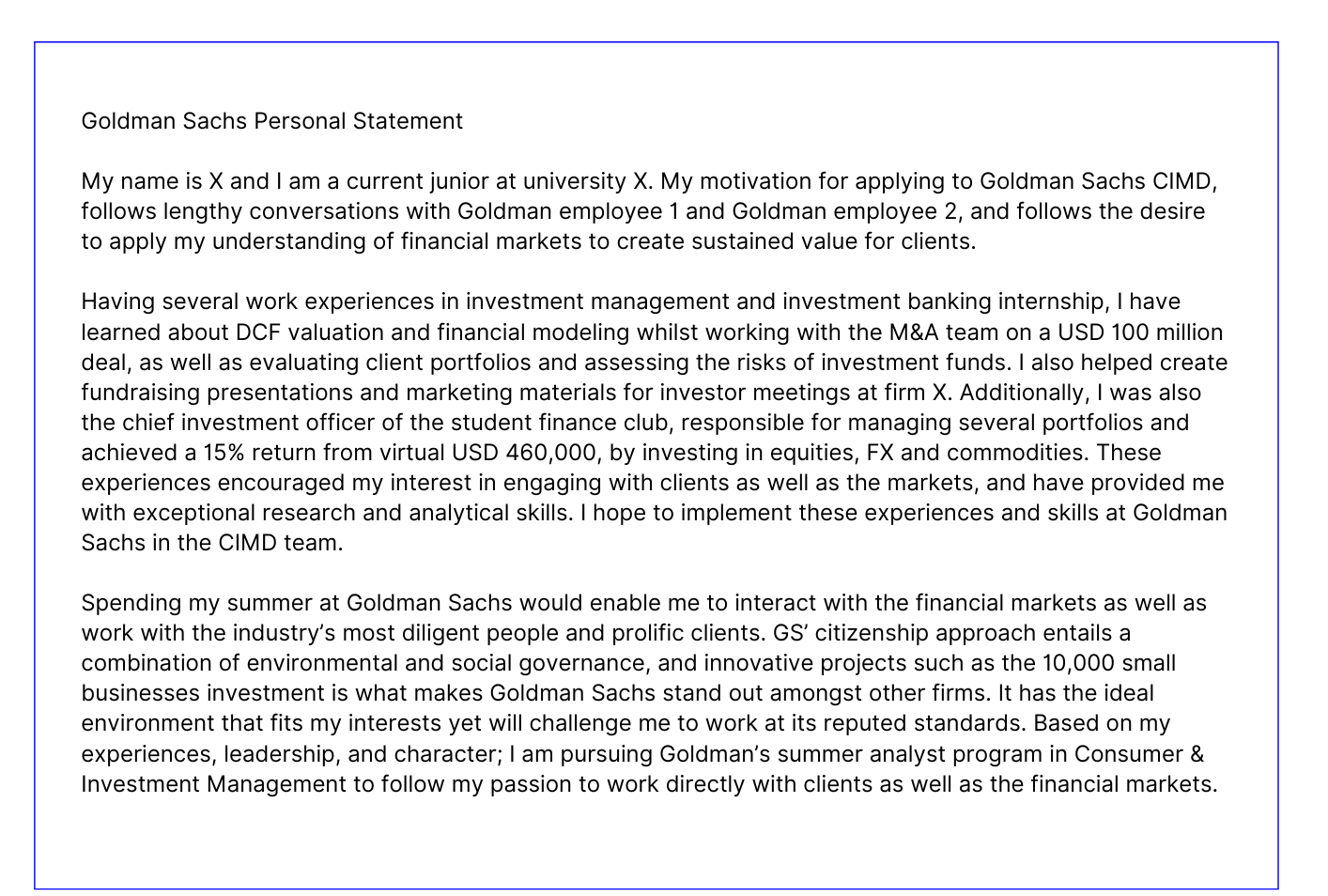 example cover letter goldman sachs