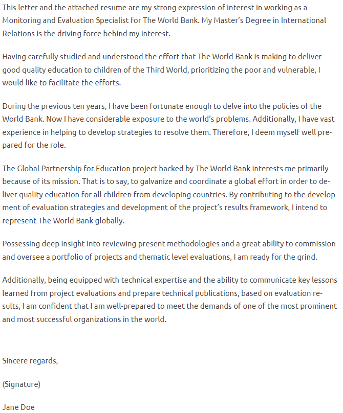 world bank internship cover letter