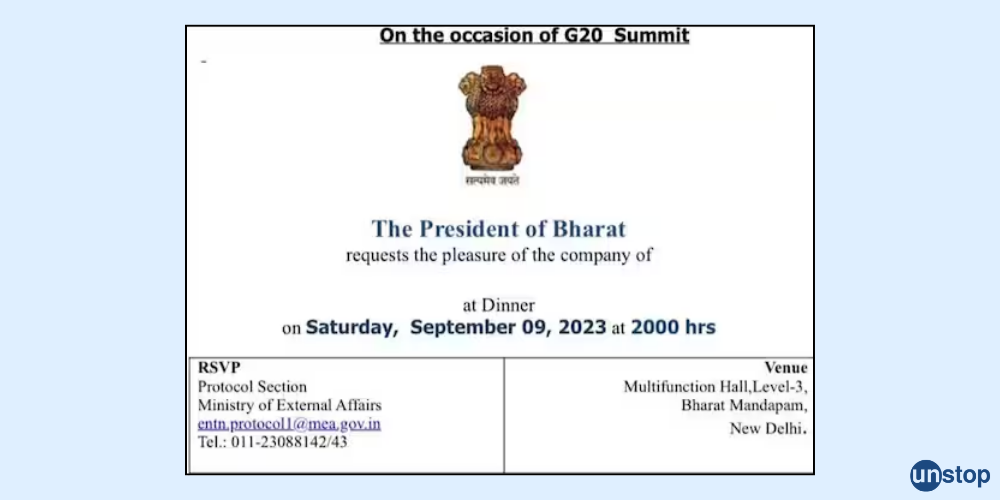 G 20 Dinner Invite from President of Bharat