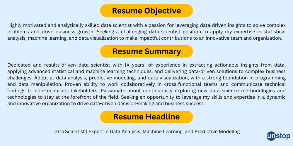 Resume summary, objective, headline for data scientist