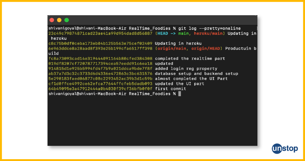 Git log with --pretty=oneline option example