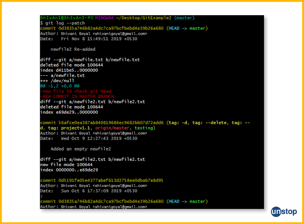 Git log with patch option example