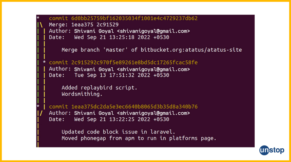 Git log with the graph flag example