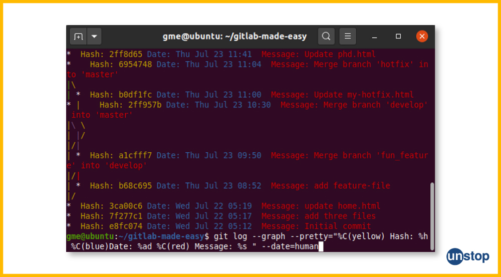 Git log with --graph option to show history in custom format example