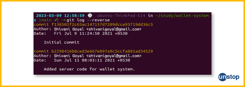 Example of git log command with --reverse option