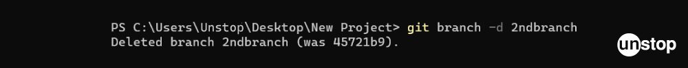 Git Commands | Example of git branch command with -d option.
