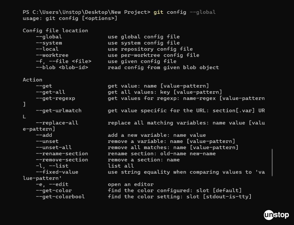 Git Commands | Example of git config command with --global option.