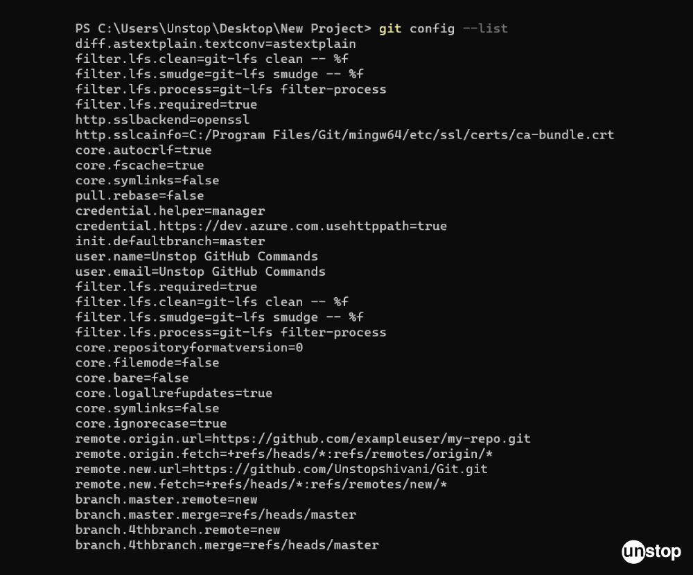 Git Commands | Example of git clone command with user name, user email and list options.