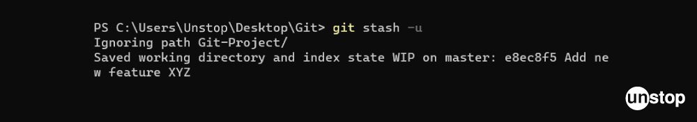 Git Commands | Example of git stash command with -u option.