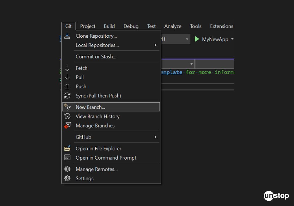 Create a Git branch in Visual Studio.