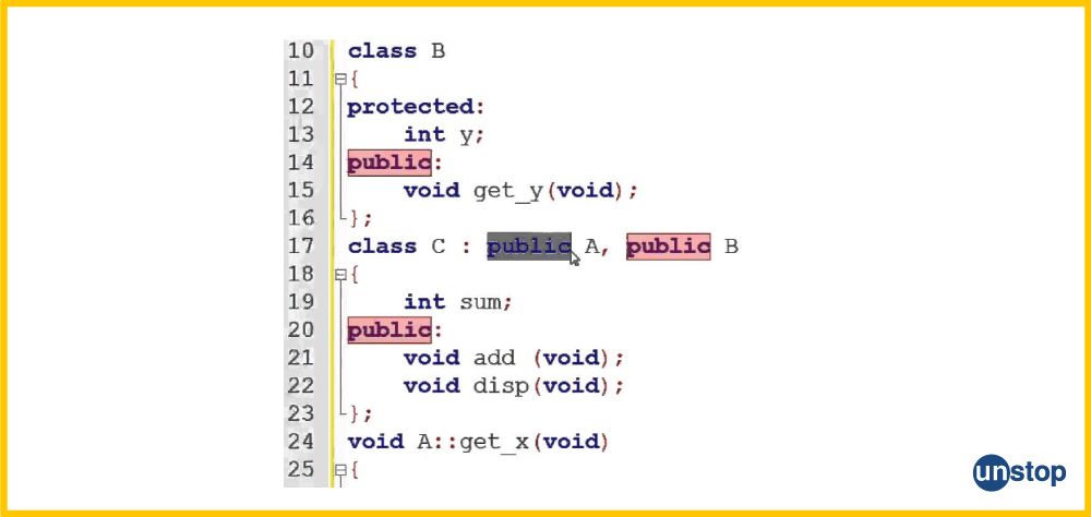 Example of public mode for inheritance/ multiple inheritance in C++