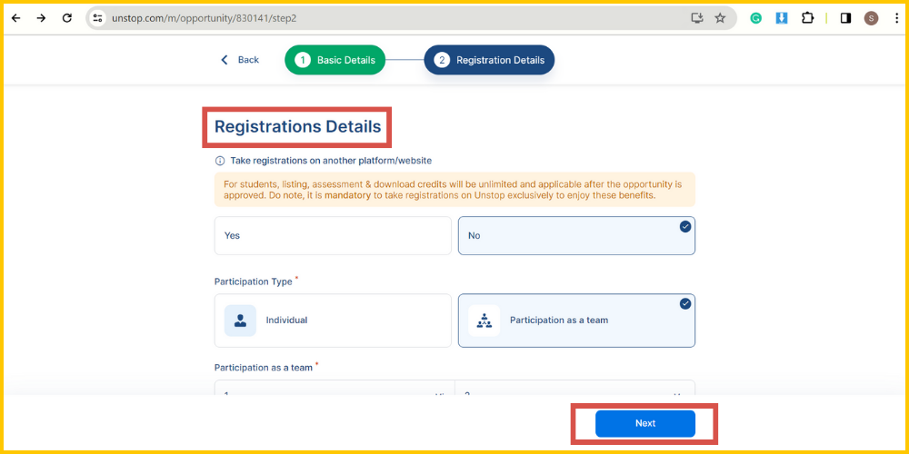 Screenshot showing where to fill the registration detail when organizing a hackathon on Unstop.