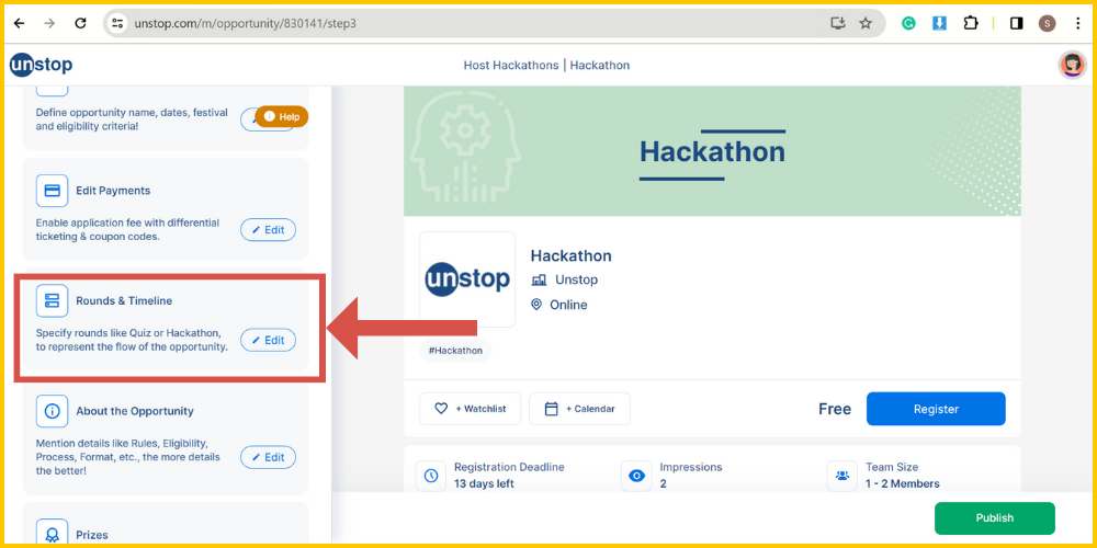 Where to add rounds when organizing a hackathon on Unstop.