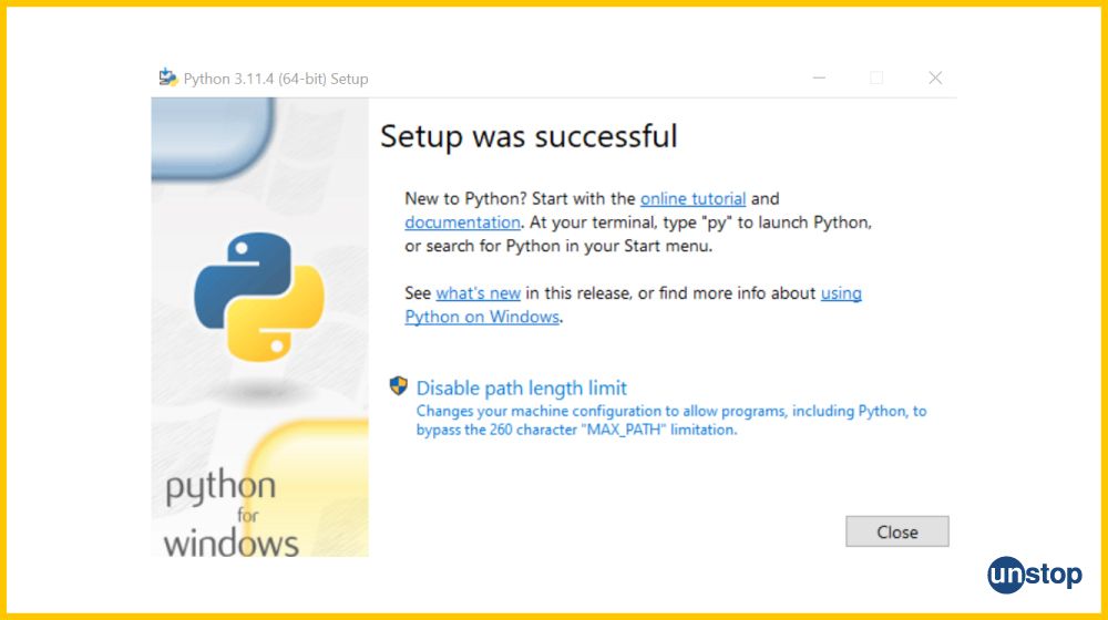 Window showing successful installation of Python/ Python IDLE.