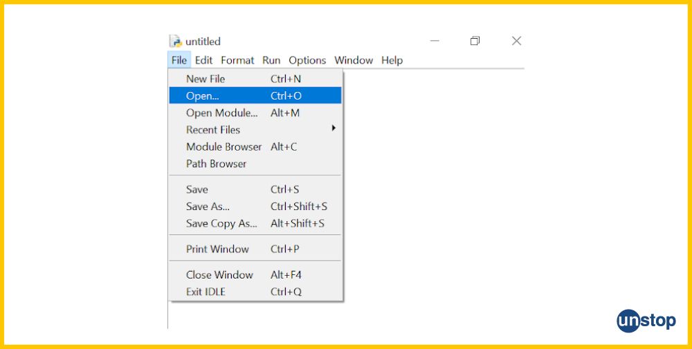 Screenshot of menu option to open an existing Python IDLE file.