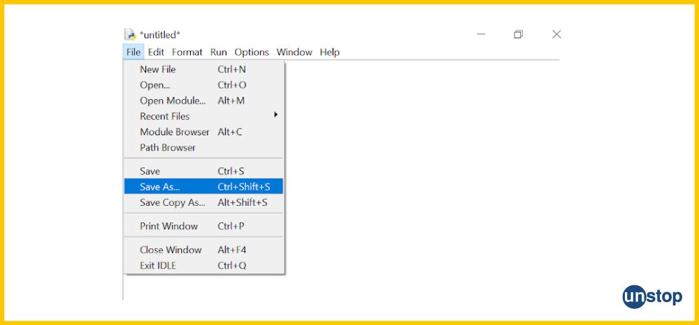 Python IDLE window showing how to select 'Save As' option.