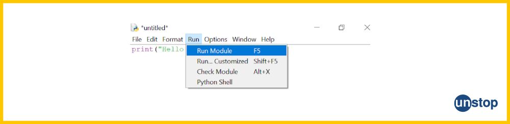 Python IDLE window showing path to run module through top menu bar.