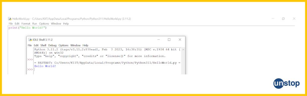 Python IDLE window showing the output for the Hello, World! program run above.