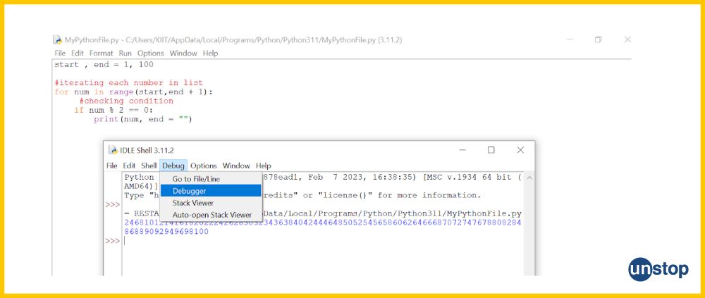 Python IDLE- turning the debugger on.