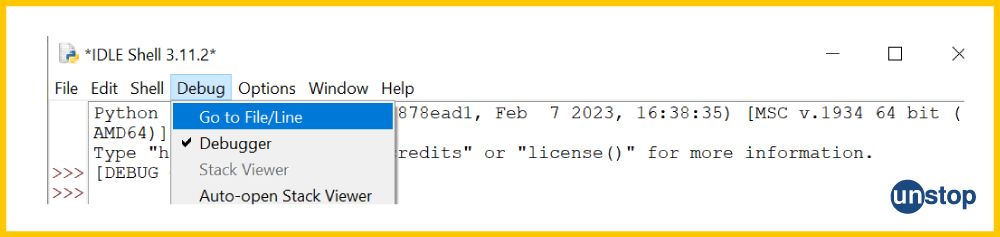 Python IDLE window showing how to reach a specific line/ file when debugging.