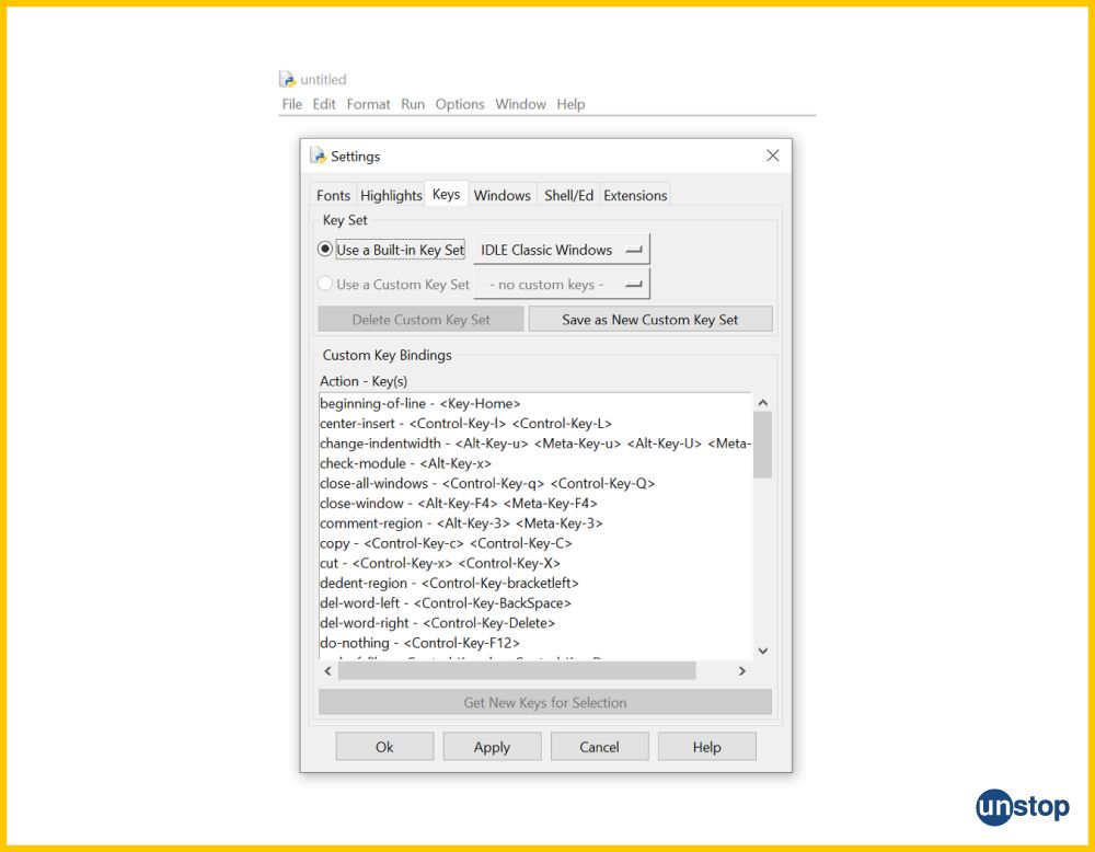 Python IDLE settings window with keys/ shortcuts.