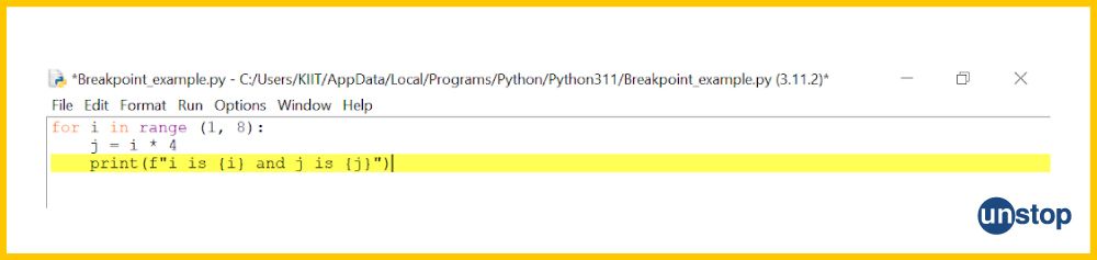 Python IDLE - The line with breaking point becomes yellow when you run the program.