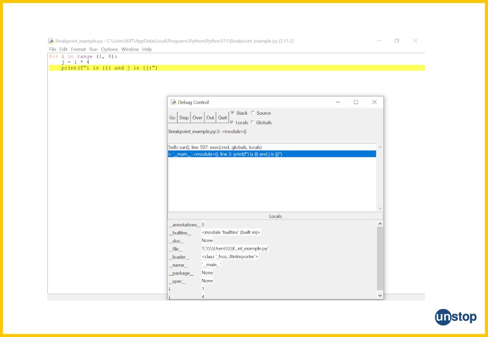 Python IDLE example of what happens when you push the Go button in debugger.