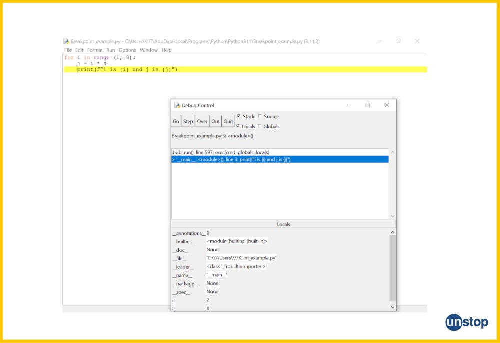 Python IDLE window shows the debugger waiting at line 3, for another Go command.