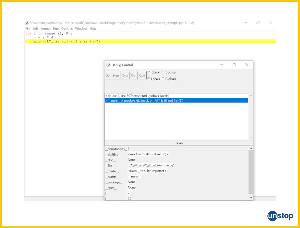 Example of Python IDLE debugger after the program finishes execution. 