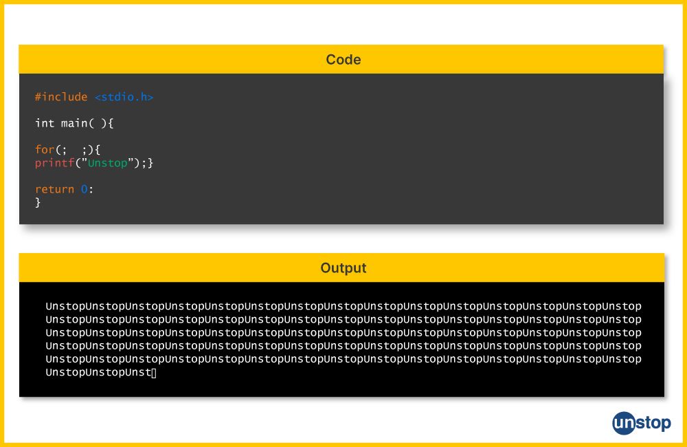 Code example and output for an infinite for loop in C programming.