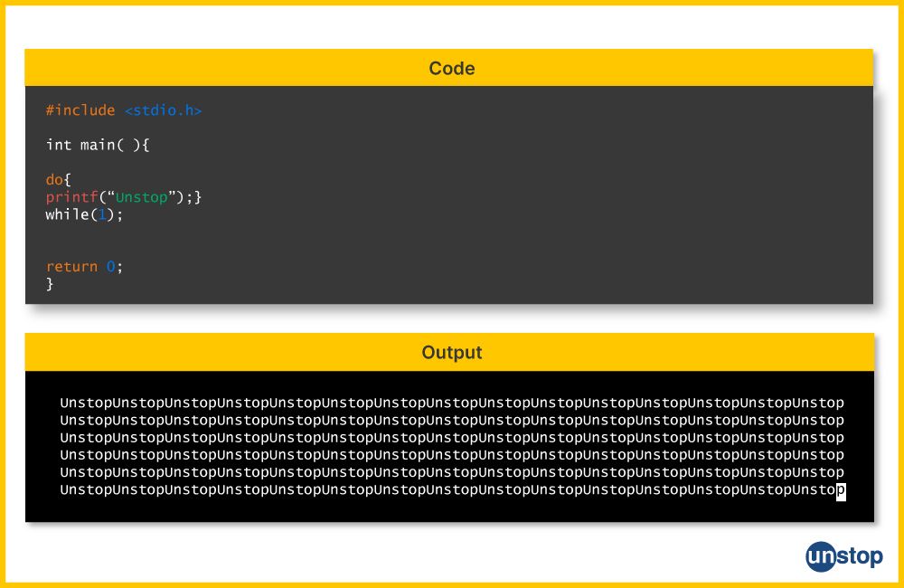 A code and corresponding output example of an infinite do-while loop in C language.