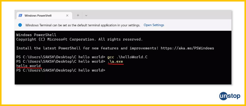 Hello world program in C Without IDE | Step 5