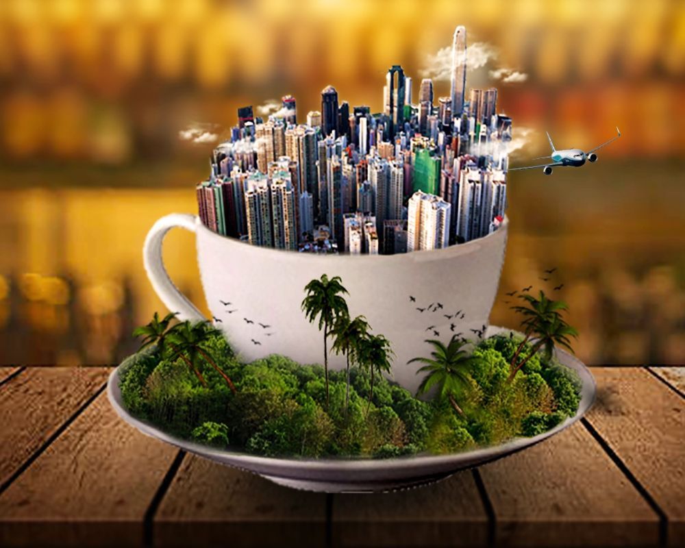 Graphic design of a virtual world in a cup