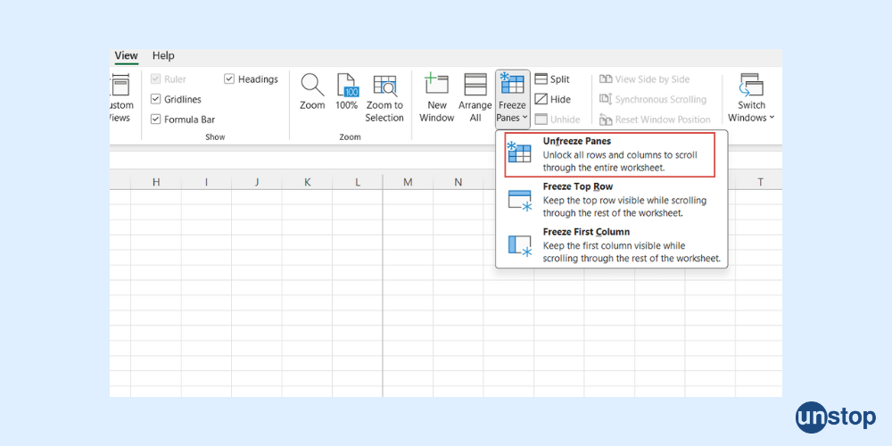 Unfreeze Rows and Columns in Excel