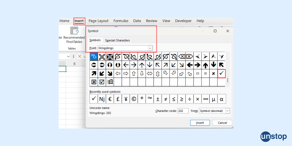 Insert a Tick Symbol in Excel