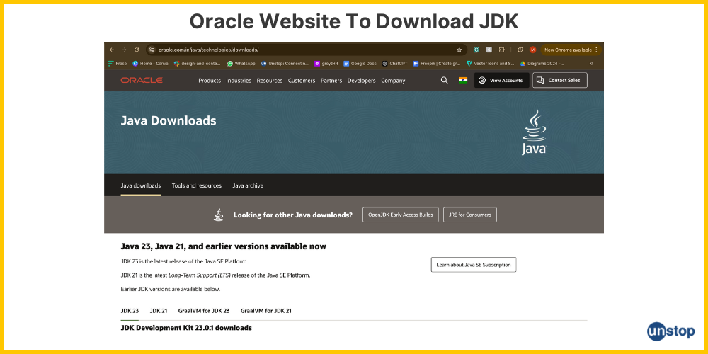 Oracle website snapshot to download JDK