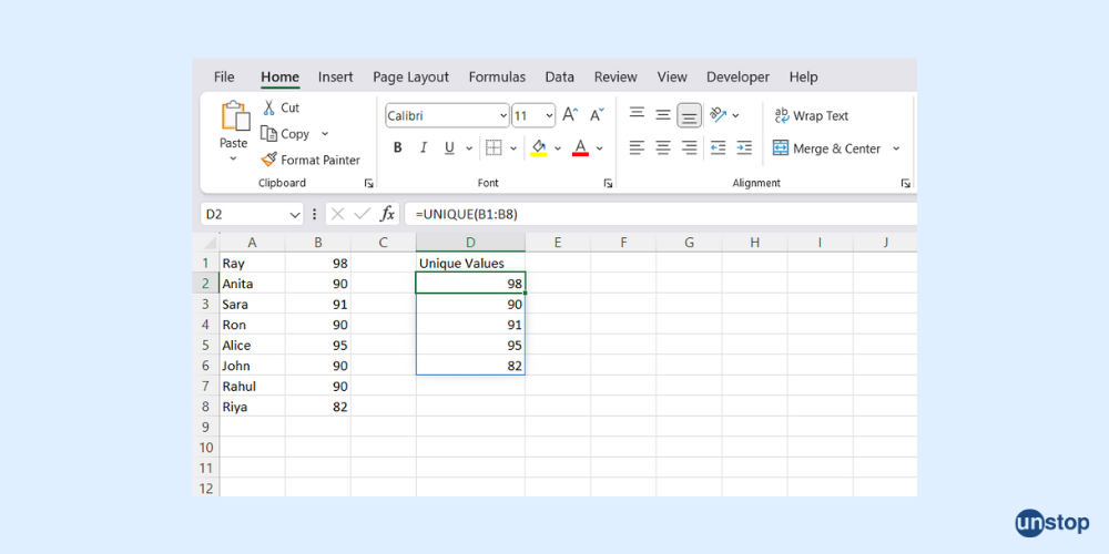 How to implement UNIQUE Formula in Excel