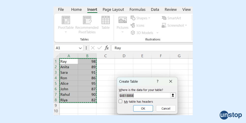 Create table in Excel