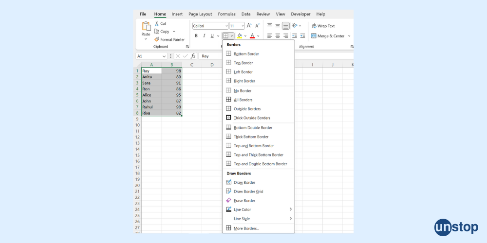 Adding borders in Excel