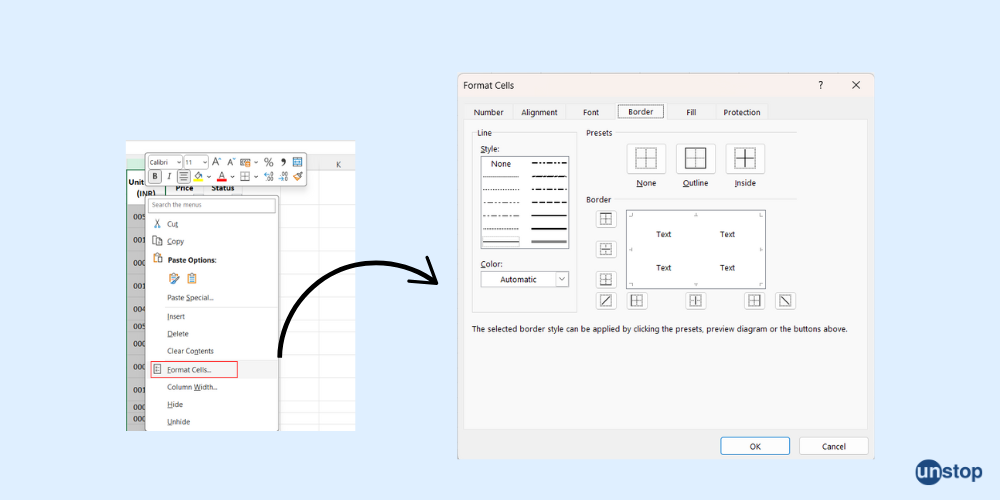 Add borders in Excel through Formal Cells option 