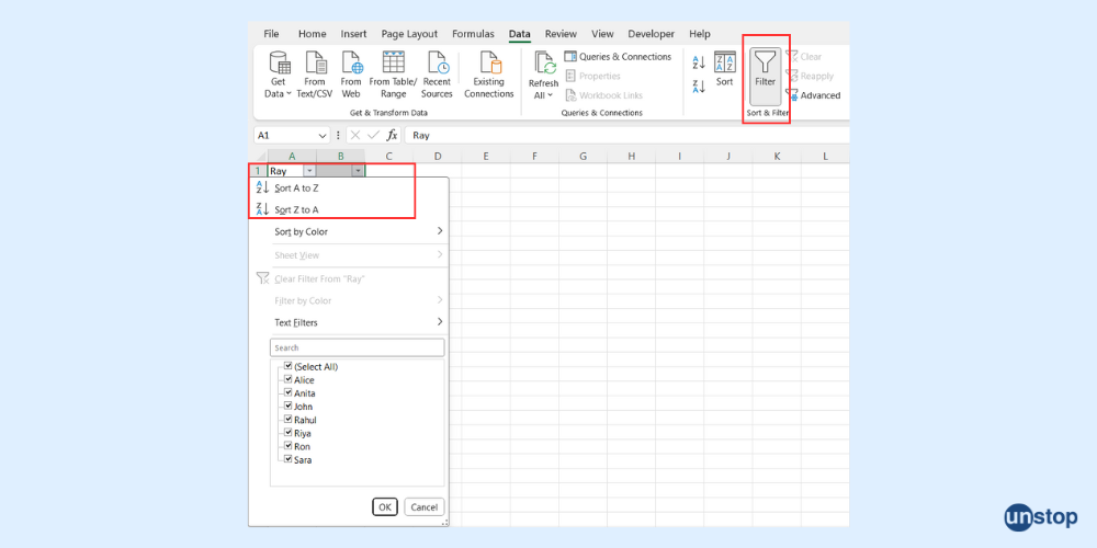 Sort data using filter in Excel