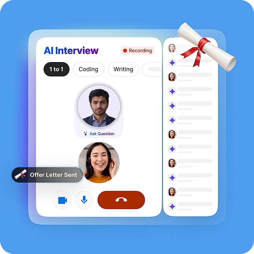 AI-powered virtual interview platform helps close the funnel, and issue offer letters from a single platform for a truly seamless experience.