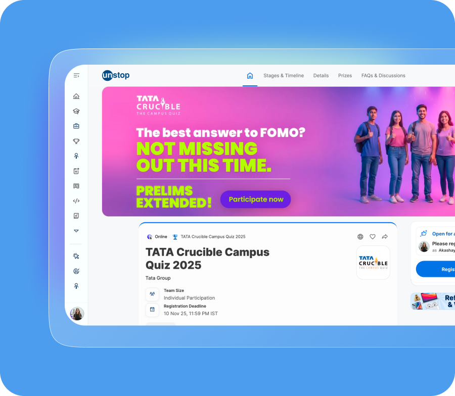 Unstop's online quiz platform with Tata Crucible microsite for scalable employer branding and persistent talent engagement.