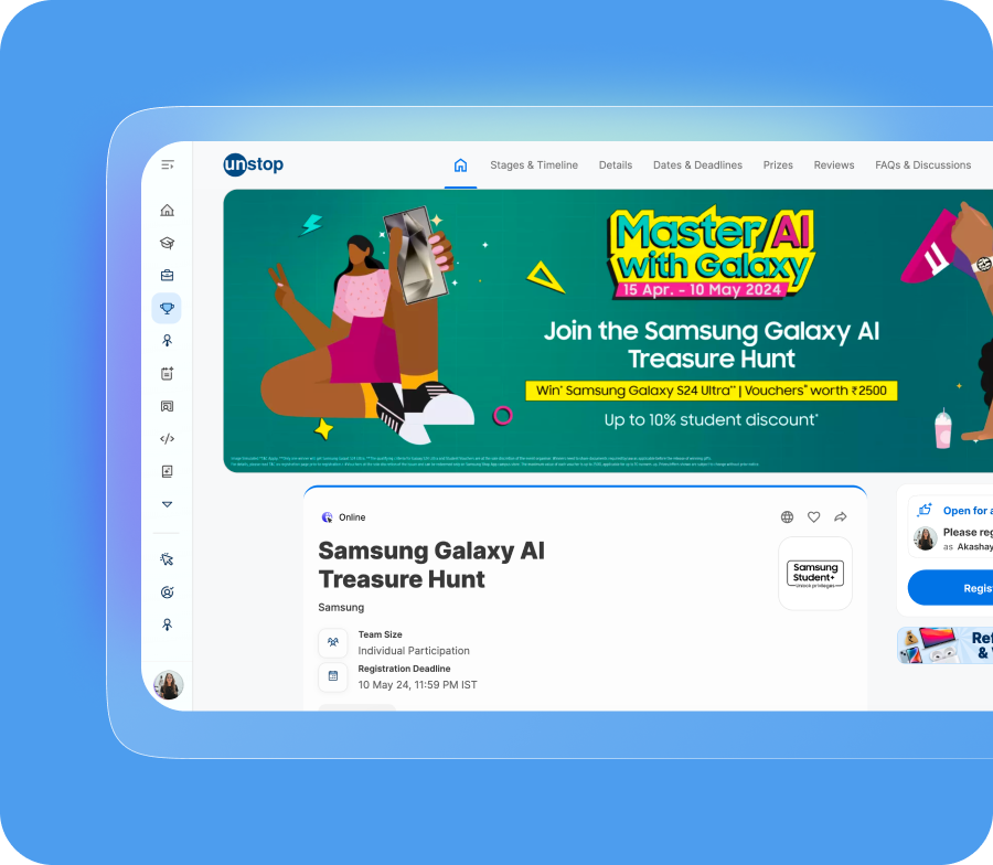 Microsite for the gamified treasure hunt by Samsung Galaxy AI, an event centered on product adoption, interactive brand immersion, and social media engagement.