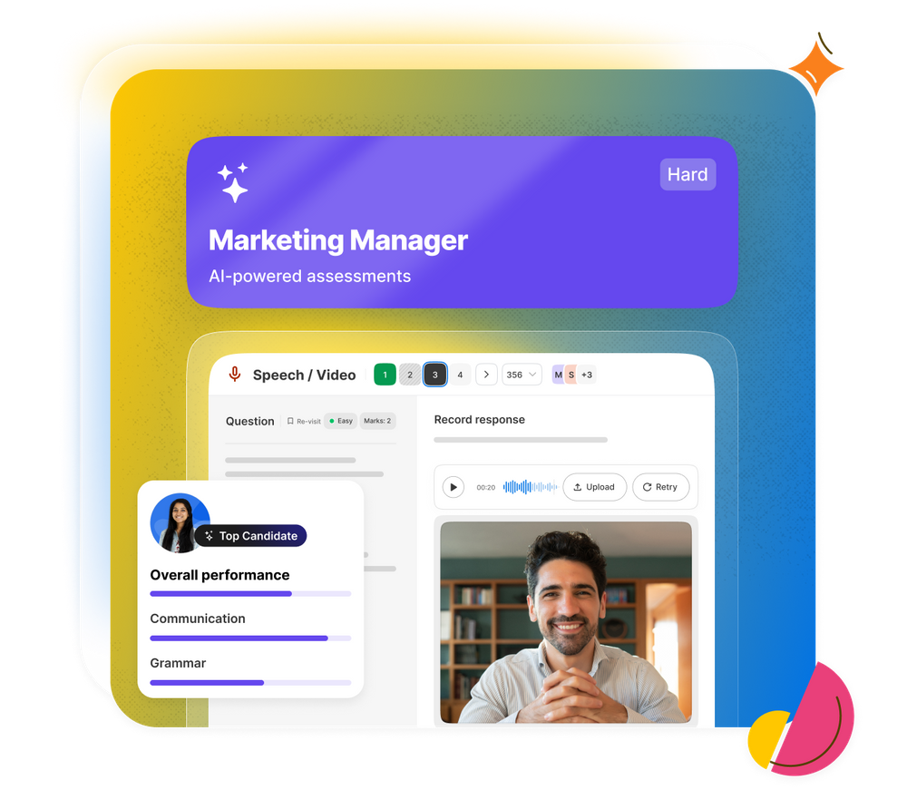 AI-powered communication assessments to benchmark candidates’ writing, reading, verbal, and listening skills, with ease and accuracy.