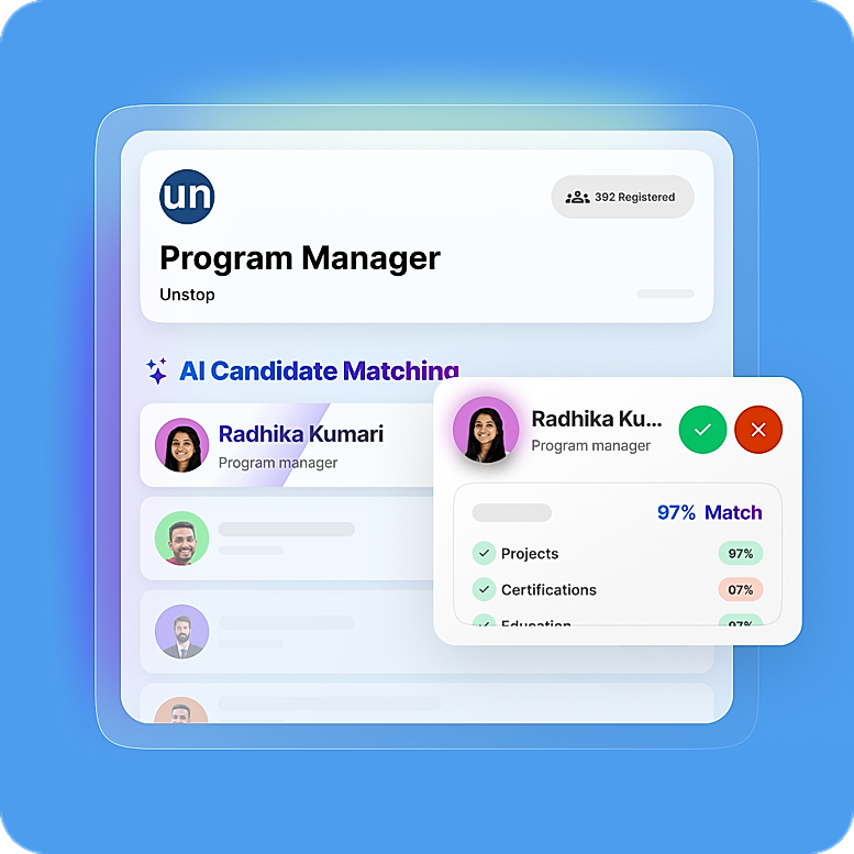 Smart ATS and unified, intuitive dashboard for quizzes make it easy to track all key metrics and make data-backed decisions with AI-assistance.