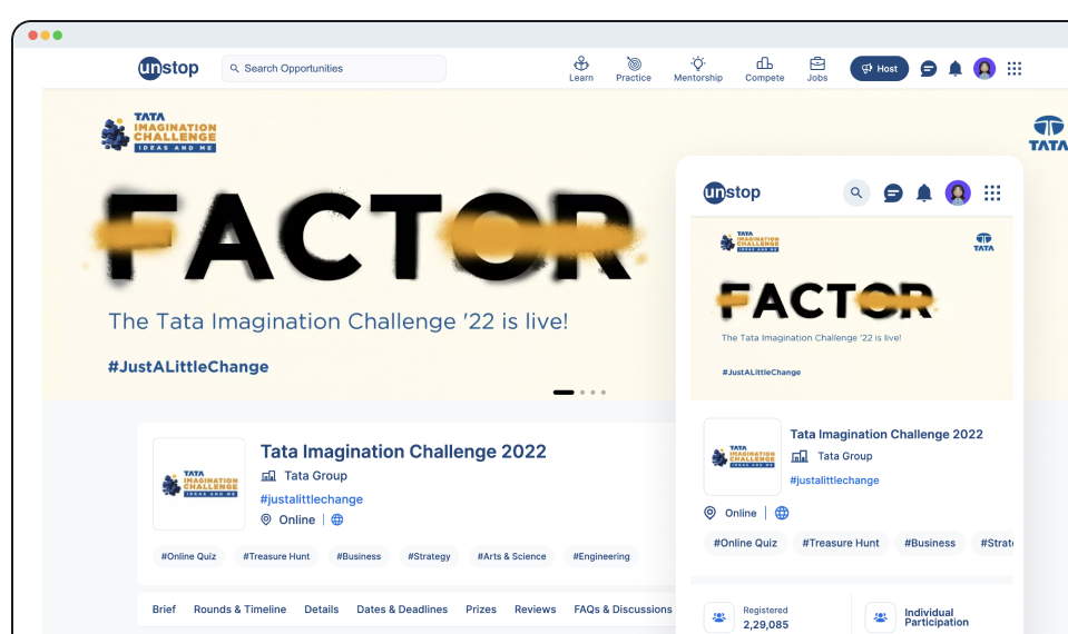 Unstop’s best-in-class ideathon platform provides custom microsite development to reinforce brand identity and enhance candidate experience.